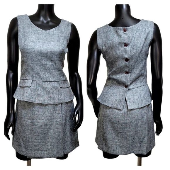 Vintage 90s Y2K Rampage Blue‎ Grey Tweed 2pc Set Peplum Tank & Wrap Mini Skirt - Picture 1 of 11